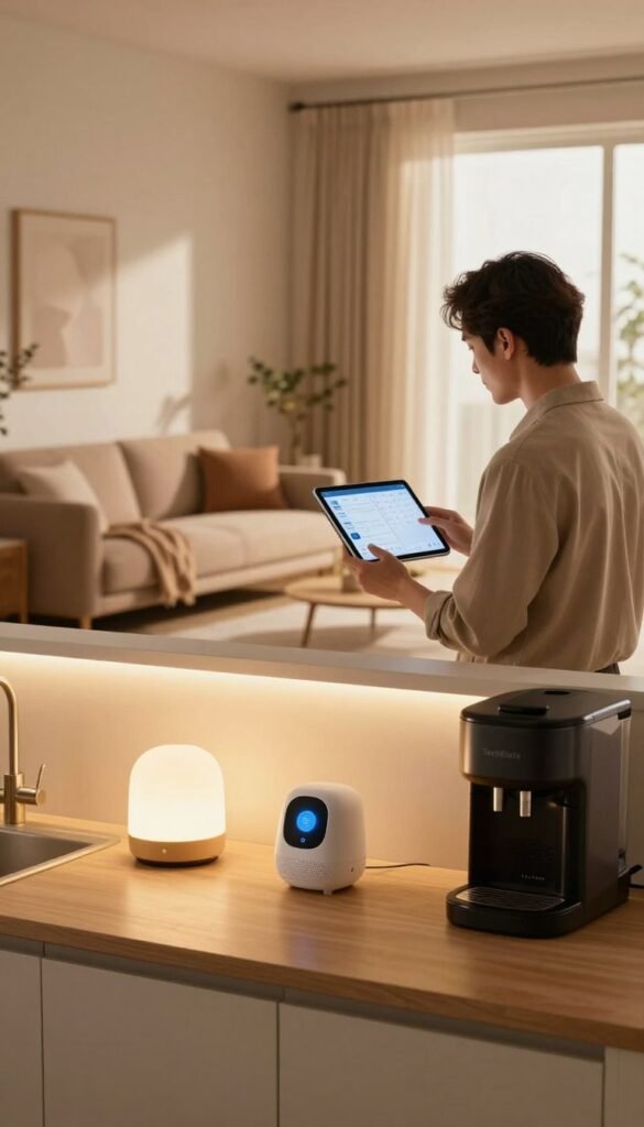 A cozy domestic scene illustrating the concept of "routines" related to everyday automation for comfort and safety. In the foreground, a well-organized kitchen displays smart home devices, such as a digital assistant on the counter, ambient lighting, and a coffee maker. In the middle, a person in professional business attire is interacting with a tablet, scheduling daily tasks and managing home settings. The background features a living room with warm colors, a comfy sofa, and automated curtains gently drawn. Soft, natural lighting from a window casts a welcoming glow throughout the space. The overall atmosphere exudes warmth and efficiency, perfect for illustrating the theme. Include subtle branding of "TechKiste" on a visible device. A cozy domestic scene illustrating the concept of "routines" related to everyday automation for comfort and safety. In the foreground, a well-organized kitchen displays smart home devices, such as a digital assistant on the counter, ambient lighting, and a coffee maker. In the middle, a person in professional business attire is interacting with a tablet, scheduling daily tasks and managing home settings. The background features a living room with warm colors, a comfy sofa, and automated curtains gently drawn. Soft, natural lighting from a window casts a welcoming glow throughout the space. The overall atmosphere exudes warmth and efficiency, perfect for illustrating the theme. Include subtle branding of "TechKiste" on a visible device.