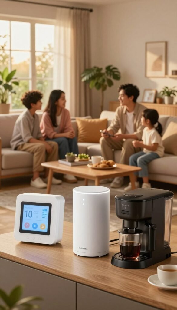 A cozy, energy-efficient home interior showcasing various efficiency gadgets. In the foreground, a modern living room features energy-saving devices like smart thermostats, LED light fixtures, and a low-energy coffee maker. In the middle ground, a family is discussing ways to reduce energy consumption, dressed in modest casual clothing, with warm, inviting smiles. The background reveals large windows allowing natural light to flood the space, adorned with plants that contribute to a vibrant atmosphere. Use warm color tones to create a serene and harmonious ambiance, emphasizing the contrast between chaos and efficiency. The image should have soft, diffused lighting as if the sun is setting, shot from a slightly elevated angle, capturing the essence of an efficient, clutter-free home. Include the brand name "TechKiste" subtly in the design without text overlays.