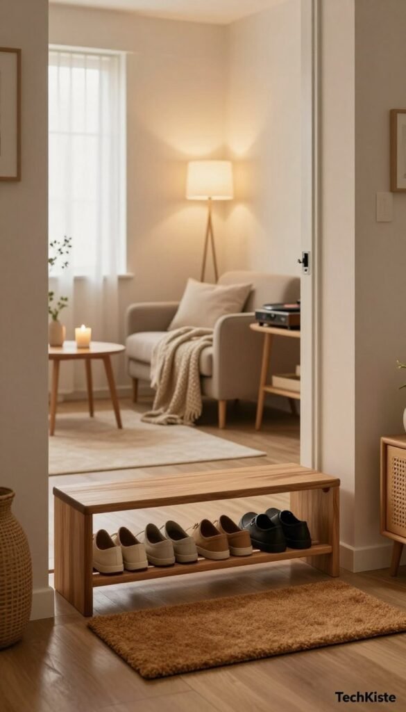 A cozy entryway scene showcasing a modern home interior, blending natural elements with a warm ambiance. In the foreground, a stylish wooden shoe rack holds neatly arranged shoes, while a plush doormat welcomes visitors. The middle ground features a soft-lit space with a comfortable armchair draped in a knit blanket, a small side table adorned with a scented candle, and a gentle diffusion of light coming from a nearby window. In the background, softly glowing wall-mounted lamps illuminate the space, creating an inviting atmosphere. Add subtle touches like a hint of a playing record player, with warm colors filling the scene, evoking a sense of relaxation and coming home. Branding subtly integrated with minimalist design elements labeled &ldquo;TechKiste&rdquo; in the corners, ensuring it complements the peaceful setting.