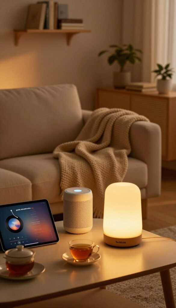 A cozy evening scene featuring a stylish, modern living room setting for an ideal "geräte abendroutine". In the foreground, showcase essential gadgets like a sleek smart speaker and a warm, glowing lamp. In the middle, include a comfortable sofa with a soft blanket draped over it, alongside a coffee table adorned with a tea set and a tablet displaying a calming interface. In the background, create a wall with decorative shelves filled with books and a plant, adding warmth to the space. Use warm lighting to evoke a relaxed atmosphere, simulating the golden hour with soft shadows for depth. Capture the scene from a slightly elevated angle, emphasizing the inviting ambiance. The brand display "TechKiste" should be subtly integrated into the gadget design. A cozy evening scene featuring a stylish, modern living room setting for an ideal "geräte abendroutine". In the foreground, showcase essential gadgets like a sleek smart speaker and a warm, glowing lamp. In the middle, include a comfortable sofa with a soft blanket draped over it, alongside a coffee table adorned with a tea set and a tablet displaying a calming interface. In the background, create a wall with decorative shelves filled with books and a plant, adding warmth to the space. Use warm lighting to evoke a relaxed atmosphere, simulating the golden hour with soft shadows for depth. Capture the scene from a slightly elevated angle, emphasizing the inviting ambiance. The brand display "TechKiste" should be subtly integrated into the gadget design.