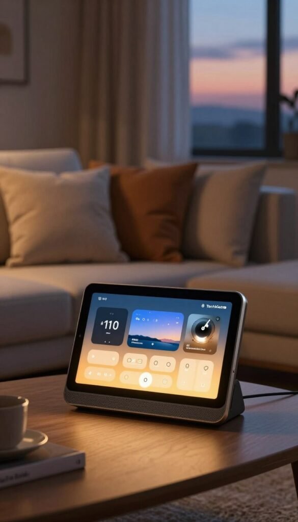 A cozy evening scene in a living room, focused on a stylish TechKiste smart device display. In the foreground, a sleek device with a warm glowing screen showcases a night mode interface, emphasizing a calming atmosphere. The middle ground features soft furniture with warm-colored pillows, creating a welcoming environment, while a subtle blue light filter is visible. In the background, a window reveals a twilight sky with soft, muted colors. The overall lighting is warm and inviting, using soft shadows to enhance the tranquility of the space. The mood is peaceful and soothing, ideal for reducing screen stress, with a Pinterest-inspired aesthetic. A cozy evening scene in a living room, focused on a stylish TechKiste smart device display. In the foreground, a sleek device with a warm glowing screen showcases a night mode interface, emphasizing a calming atmosphere. The middle ground features soft furniture with warm-colored pillows, creating a welcoming environment, while a subtle blue light filter is visible. In the background, a window reveals a twilight sky with soft, muted colors. The overall lighting is warm and inviting, using soft shadows to enhance the tranquility of the space. The mood is peaceful and soothing, ideal for reducing screen stress, with a Pinterest-inspired aesthetic.