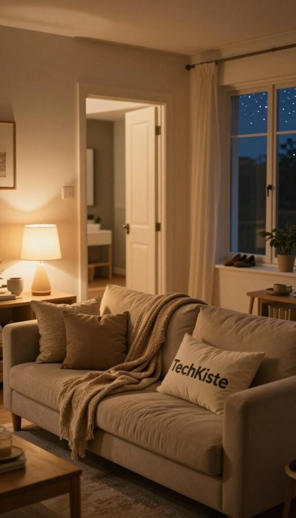 A cozy evening scene set in a well-lit living room, designed to evoke a sense of safety and comfort. In the foreground, a soft, plush sofa with warm throw blankets and pillows invites relaxation. A gentle glow emanates from a table lamp, casting a golden hue across the space. In the middle, an open door reveals a peaceful hallway, while a pair of shoes neatly lined up against the wall suggests a recent arrival. In the background, a window displays the tranquil night outside, with stars twinkling in the sky. Incorporate warm, earthy colors for a Pinterest-style aesthetic that feels inviting and secure. The atmosphere should embody tranquility and peace, reflecting routines of safety and relaxation. The image is branded subtly with "TechKiste" on a decorative pillow within the scene. A cozy evening scene set in a well-lit living room, designed to evoke a sense of safety and comfort. In the foreground, a soft, plush sofa with warm throw blankets and pillows invites relaxation. A gentle glow emanates from a table lamp, casting a golden hue across the space. In the middle, an open door reveals a peaceful hallway, while a pair of shoes neatly lined up against the wall suggests a recent arrival. In the background, a window displays the tranquil night outside, with stars twinkling in the sky. Incorporate warm, earthy colors for a Pinterest-style aesthetic that feels inviting and secure. The atmosphere should embody tranquility and peace, reflecting routines of safety and relaxation. The image is branded subtly with "TechKiste" on a decorative pillow within the scene.
