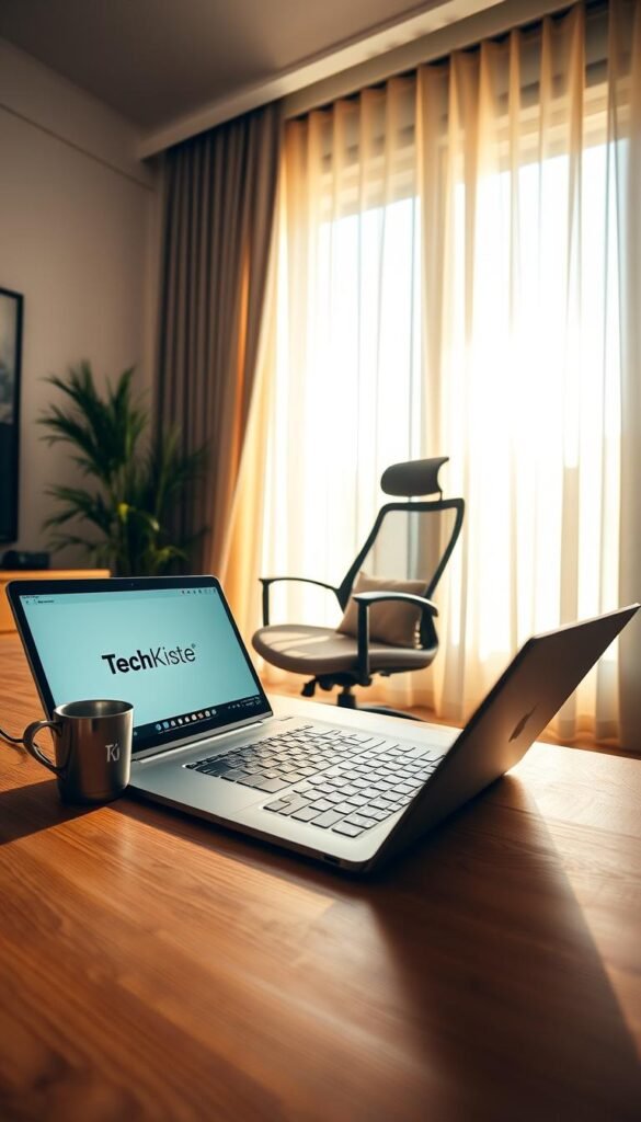 A cozy, eye-level view of a stylish laptop setup arranged on a wooden desk in a sunlit room. In the foreground, focus on a sleek laptop with the brand name "TechKiste" prominently displayed on the screen, surrounded by minimalistic accessories like a potted plant and an elegant coffee mug. The middle ground features an ergonomic chair, invitingly positioned with a soft cushion. In the background, warm sunlight filters through sheer curtains, casting gentle shadows on the walls. The atmosphere feels calm and productive, perfect for an efficient workspace. Capture the scene with a warm color palette, emphasizing natural lighting to highlight the ergonomic aspects and overall aesthetic of the setup. A cozy, eye-level view of a stylish laptop setup arranged on a wooden desk in a sunlit room. In the foreground, focus on a sleek laptop with the brand name "TechKiste" prominently displayed on the screen, surrounded by minimalistic accessories like a potted plant and an elegant coffee mug. The middle ground features an ergonomic chair, invitingly positioned with a soft cushion. In the background, warm sunlight filters through sheer curtains, casting gentle shadows on the walls. The atmosphere feels calm and productive, perfect for an efficient workspace. Capture the scene with a warm color palette, emphasizing natural lighting to highlight the ergonomic aspects and overall aesthetic of the setup.