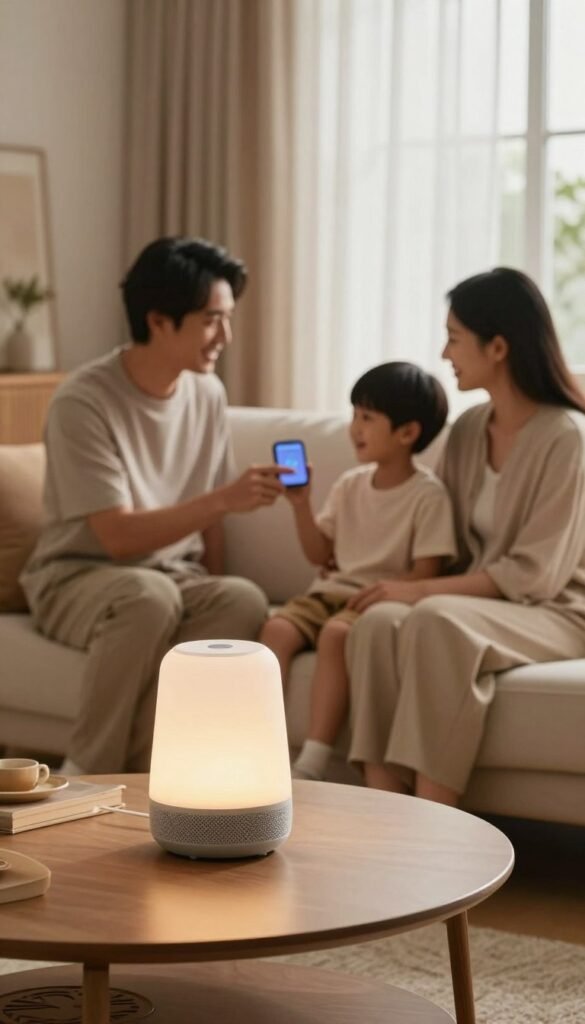 A cozy, family-friendly living room setting featuring various modern gadgets that simplify daily routines. In the foreground, a sleek TechKiste digital assistant sits on a stylish coffee table, glowing gently with warm light. In the middle, a family interacts harmoniously, with a parent demonstrating a smart home device to a child, both smiling and engaged. The background showcases soft, natural light filtering in through large windows adorned with sheer curtains, creating a warm atmosphere with earthy tones. Emphasize the authenticity and warmth of the scene, making it inviting. The overall mood should reflect simplicity and joy in everyday life, with no text or branding visible apart from the TechKiste product. A cozy, family-friendly living room setting featuring various modern gadgets that simplify daily routines. In the foreground, a sleek TechKiste digital assistant sits on a stylish coffee table, glowing gently with warm light. In the middle, a family interacts harmoniously, with a parent demonstrating a smart home device to a child, both smiling and engaged. The background showcases soft, natural light filtering in through large windows adorned with sheer curtains, creating a warm atmosphere with earthy tones. Emphasize the authenticity and warmth of the scene, making it inviting. The overall mood should reflect simplicity and joy in everyday life, with no text or branding visible apart from the TechKiste product.