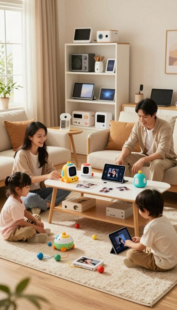 A cozy family living room scene capturing the essence of a typical family day, overflowing with warmth and authenticity. In the foreground, a mother and father, dressed in comfortable yet neat casual clothing, engage in playful activities with their two young children amidst a slightly chaotic atmosphere. A colorful assortment of family-friendly gadgets, such as a smart toy and a tablet, is scattered around. The middle ground features a stylish coffee table cluttered with family photos and a few gadgets, while a soft rug invites casual play. In the background, a well-organized shelving unit labeled "TechKiste" showcases an array of neatly arranged tech gadgets, highlighting the balance between technology and family life. Warm lighting cascades through a nearby window, creating a welcoming atmosphere reminiscent of Pinterest aesthetics. A cozy family living room scene capturing the essence of a typical family day, overflowing with warmth and authenticity. In the foreground, a mother and father, dressed in comfortable yet neat casual clothing, engage in playful activities with their two young children amidst a slightly chaotic atmosphere. A colorful assortment of family-friendly gadgets, such as a smart toy and a tablet, is scattered around. The middle ground features a stylish coffee table cluttered with family photos and a few gadgets, while a soft rug invites casual play. In the background, a well-organized shelving unit labeled "TechKiste" showcases an array of neatly arranged tech gadgets, highlighting the balance between technology and family life. Warm lighting cascades through a nearby window, creating a welcoming atmosphere reminiscent of Pinterest aesthetics.