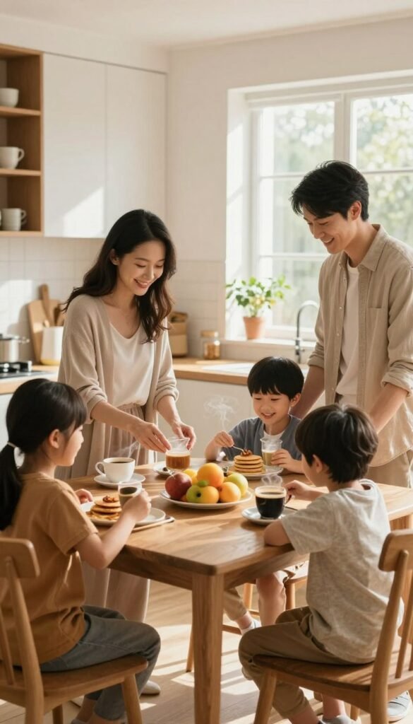 A cozy family morning scene in a bright, modern kitchen. The foreground features a mother and father, dressed in casual yet professional attire, preparing breakfast together with their two children, who are excitedly setting the table. The middle ground showcases a beautiful wooden dining table filled with fresh fruits, pancakes, and steaming coffee. The background includes soft natural light streaming through a large window, illuminating warm colors of the kitchen and subtle greenery of potted plants. Capturing the warmth and togetherness, this image reflects an organized and peaceful family morning, embodying the essence of a harmonious start to the day. Emphasize a Pinterest aesthetic with authentic details, making it feel inviting and relatable. TechKiste branding subtly integrated into the kitchen decor.