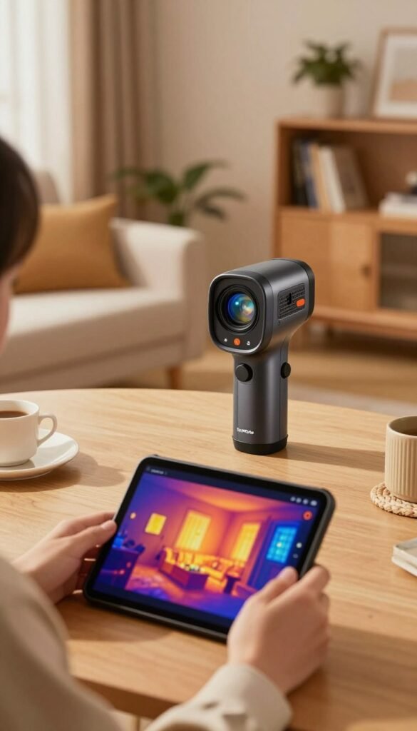 A cozy home environment with a focus on a hands-on experience using a thermal imaging camera. In the foreground, a person in professional casual attire carefully examines a thermal image displayed on a tablet, showcasing vibrant heat signatures of objects in the room. In the middle ground, a modern thermal camera sits prominently on a table, with detailed features like a sleek lens and intuitive interface, branded with "TechKiste." The background features a well-decorated living room with warm, inviting colors, soft lighting that enhances the atmosphere, and homey elements like a bookshelf and plants. The overall mood is educational and engaging, evoking a sense of exploration and learning.