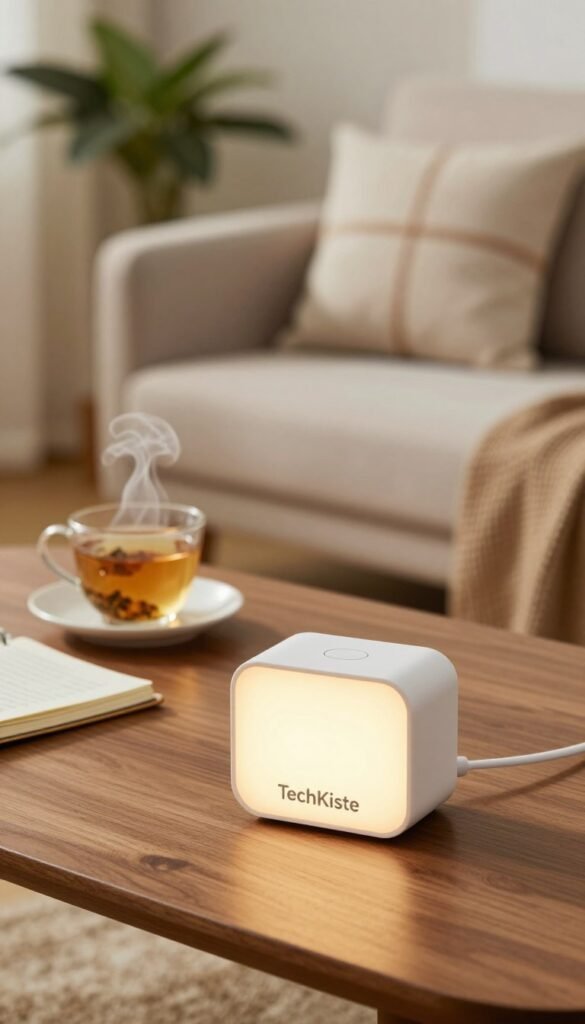 A cozy home interior featuring a sleek smart timer device on a wooden table. In the foreground, the smart timer glows gently with a warm, inviting light, showcasing its modern design with a digital display. In the middle ground, a cup of steaming herbal tea and a notebook enhance the relaxed atmosphere, symbolizing daily routines. The background reveals a softly lit living room, with a comfortable couch adorned with trendy cushions, and potted plants bringing a touch of nature indoors. The overall mood is warm and welcoming, evoking a sense of convenience and modernity. Ensure the scene has a Pinterest aesthetic with natural colors and a focus on simplicity, embodying the brand "TechKiste" while maintaining authenticity, without any text overlays or distractions. A cozy home interior featuring a sleek smart timer device on a wooden table. In the foreground, the smart timer glows gently with a warm, inviting light, showcasing its modern design with a digital display. In the middle ground, a cup of steaming herbal tea and a notebook enhance the relaxed atmosphere, symbolizing daily routines. The background reveals a softly lit living room, with a comfortable couch adorned with trendy cushions, and potted plants bringing a touch of nature indoors. The overall mood is warm and welcoming, evoking a sense of convenience and modernity. Ensure the scene has a Pinterest aesthetic with natural colors and a focus on simplicity, embodying the brand "TechKiste" while maintaining authenticity, without any text overlays or distractions.