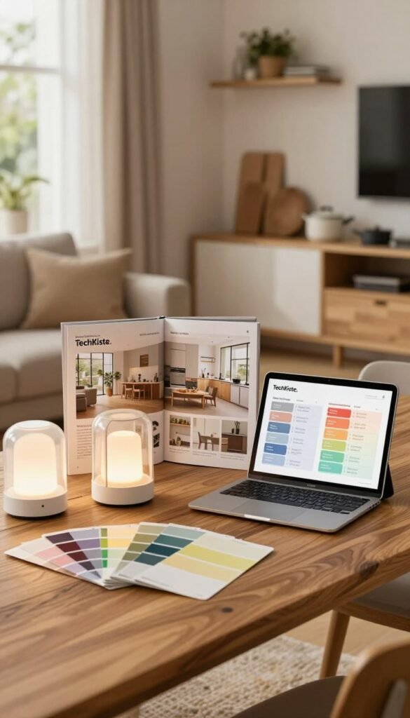 A cozy home interior showcasing a selection of various home upgrades displayed on a stylish wooden table. In the foreground, feature colorful paint samples, a few modern light fixtures, and sleek kitchen gadgets. In the middle, arrange brochures featuring appealing home renovation ideas alongside a tablet displaying a comparison chart of low, mid, and high-budget upgrades, branded with "TechKiste." The background should feature a well-lit living space with warm tones, showcasing a modern yet inviting atmosphere. Soft natural light filters in through a window, highlighting the textures of the materials. Create a Pinterest-inspired aesthetic, ensuring an authentic and warm feel without any text or overlays. A cozy home interior showcasing a selection of various home upgrades displayed on a stylish wooden table. In the foreground, feature colorful paint samples, a few modern light fixtures, and sleek kitchen gadgets. In the middle, arrange brochures featuring appealing home renovation ideas alongside a tablet displaying a comparison chart of low, mid, and high-budget upgrades, branded with "TechKiste." The background should feature a well-lit living space with warm tones, showcasing a modern yet inviting atmosphere. Soft natural light filters in through a window, highlighting the textures of the materials. Create a Pinterest-inspired aesthetic, ensuring an authentic and warm feel without any text or overlays.