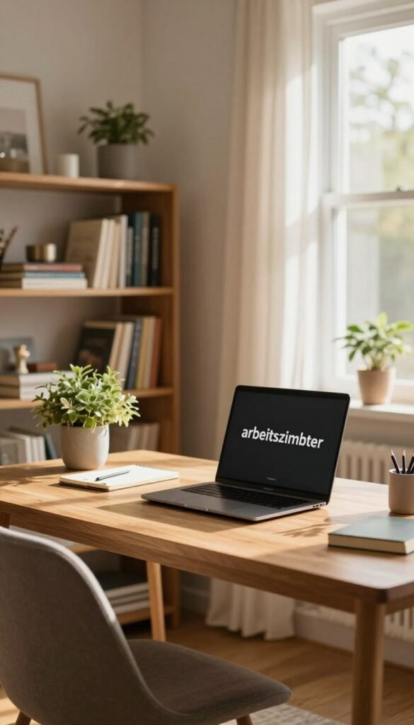A cozy home office ("arbeitszimmer") filled with warm, natural light. In the foreground, a well-organized wooden desk features a sleek laptop, a notepad, and a potted plant. A comfortable chair is positioned beside the desk, made of soft, inviting fabric. In the middle ground, a stylish bookshelf showcases neatly arranged books and decorative items, adding a personal touch to the workspace. The background reveals a large window with sheer curtains, letting in soft sunlight that enhances the inviting atmosphere. The overall mood is serene and productive, reflecting the concept of maintaining an orderly work environment effortlessly. The image should have a Pinterest-like aesthetic while being authentic and free of text or logos. The brand name "TechKiste" subtly integrated into the scene, perhaps as a small decorative item on the desk.