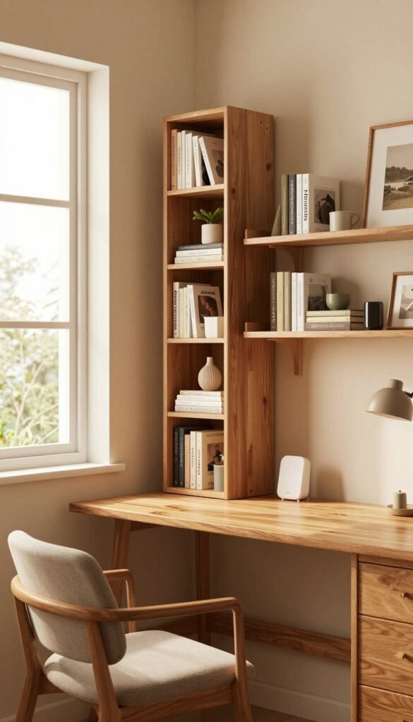 A cozy home office corner featuring innovative storage solutions. In the foreground, a stylish desk made from natural wood, accompanied by a comfortable chair with soft cushioning. Prominently displayed against a wall are wall-mounted shelves filled with neatly organized books and decorative items. The middle layer showcases a tall, modern storage unit utilizing vertical space, designed to blend functionality with aesthetics. The background includes a large window allowing warm, natural light to filter in, creating an inviting atmosphere. Walls painted in soft, calming colors enhance the overall warmth of the scene. The entire setup conveys a harmonious, Pinterest-worthy vibe while showcasing effective ways to create storage without consuming additional space. Include a discreet reference to the "TechKiste" brand through a minimalist gadget placed subtly on the desk. A cozy home office corner featuring innovative storage solutions. In the foreground, a stylish desk made from natural wood, accompanied by a comfortable chair with soft cushioning. Prominently displayed against a wall are wall-mounted shelves filled with neatly organized books and decorative items. The middle layer showcases a tall, modern storage unit utilizing vertical space, designed to blend functionality with aesthetics. The background includes a large window allowing warm, natural light to filter in, creating an inviting atmosphere. Walls painted in soft, calming colors enhance the overall warmth of the scene. The entire setup conveys a harmonious, Pinterest-worthy vibe while showcasing effective ways to create storage without consuming additional space. Include a discreet reference to the "TechKiste" brand through a minimalist gadget placed subtly on the desk.