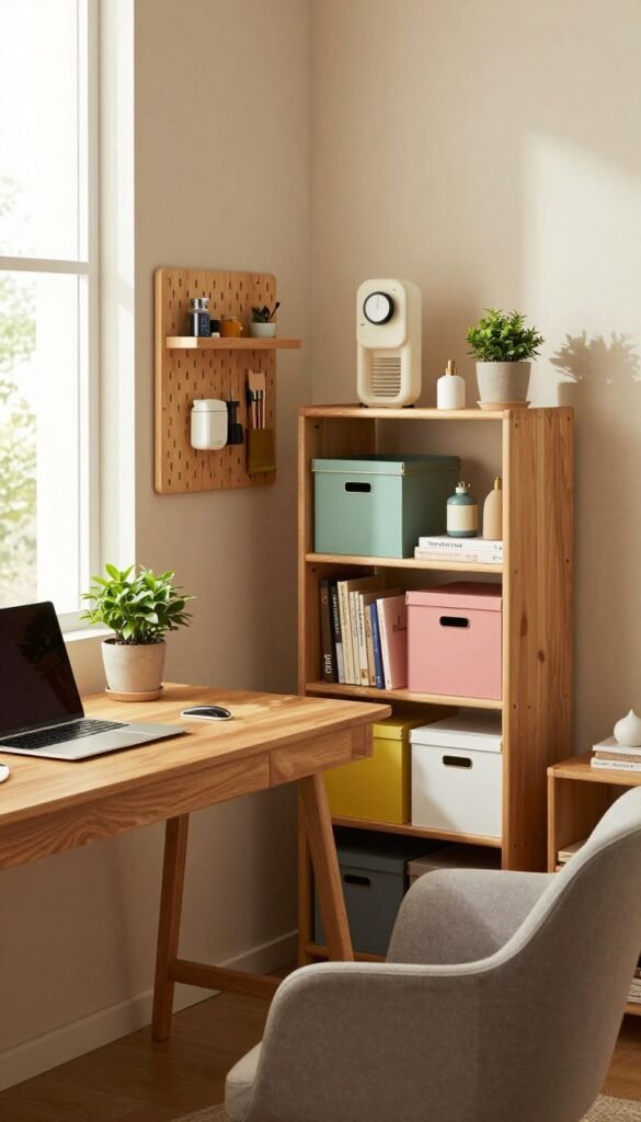 A cozy home office corner featuring organized storage solutions. In the foreground, a stylish wooden desk with a sleek laptop and a potted plant. To the side, a small bookshelf neatly arranged with colorful storage boxes and decorative items, highlighting functionality and aesthetic appeal. In the middle ground, a comfortable chair and a wall-mounted pegboard displaying office supplies, creating a tidy workspace. The background reveals soft natural light filtering through a window, casting warm tones throughout the scene. The overall atmosphere is inviting and productive, embodying a Pinterest-inspired aesthetic. The branding "TechKiste" subtly integrated into the storage solutions enhances the appeal without overpowering the scene.