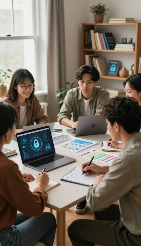 A cozy home office environment designed for employee cybersecurity awareness, featuring a diverse group of professionals in business casual attire engaged in a collaborative discussion. In the foreground, a smiling woman with glasses points at a laptop screen displaying cybersecurity graphics while a man closely listens, taking notes. In the middle ground, a well-organized desk is adorned with colorful charts and pamphlets labeled "TechKiste," reflecting a warm, inviting atmosphere. Soft, natural lighting filters through a nearby window, creating a calm ambiance. In the background, shelves filled with books on data protection and security measures add depth to the scene, all captured with a slight depth of field effect, emphasizing the engaging conversation in this inspiring workspace. A cozy home office environment designed for employee cybersecurity awareness, featuring a diverse group of professionals in business casual attire engaged in a collaborative discussion. In the foreground, a smiling woman with glasses points at a laptop screen displaying cybersecurity graphics while a man closely listens, taking notes. In the middle ground, a well-organized desk is adorned with colorful charts and pamphlets labeled "TechKiste," reflecting a warm, inviting atmosphere. Soft, natural lighting filters through a nearby window, creating a calm ambiance. In the background, shelves filled with books on data protection and security measures add depth to the scene, all captured with a slight depth of field effect, emphasizing the engaging conversation in this inspiring workspace.