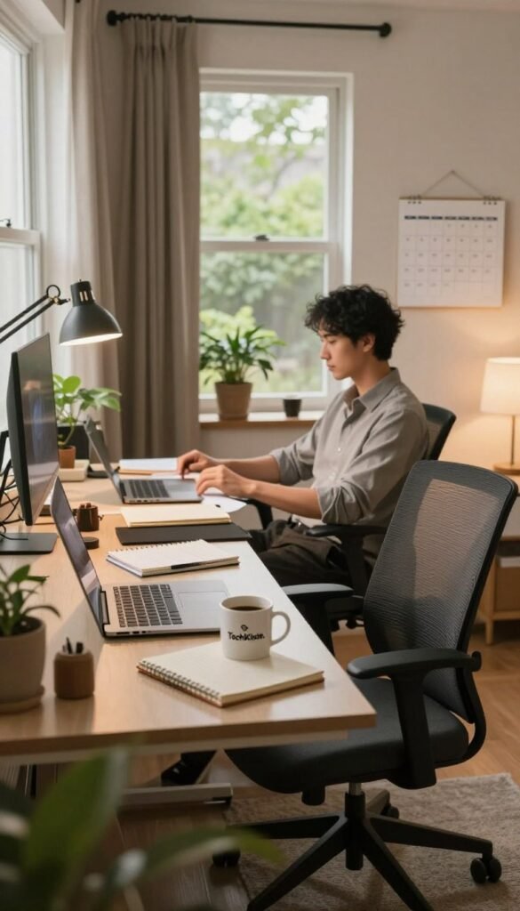 A cozy home office environment showcasing the balance between work and leisure. In the foreground, a modern desk with an ergonomic chair, cluttered yet organized with a laptop, notebooks, and a coffee mug from the brand "TechKiste." On the desk, a small plant adds a touch of warmth. In the middle, a person in professional attire, appearing focused yet relaxed, is seated at the desk while glancing at a calendar on the wall that highlights work hours. The background features a soft-lit window with curtains, revealing a serene outdoor view, filled with greenery. The overall atmosphere radiates a blend of productivity and comfort, with warm colors enhancing the inviting feel of the space. The lighting is natural, casting gentle shadows that exude tranquility.