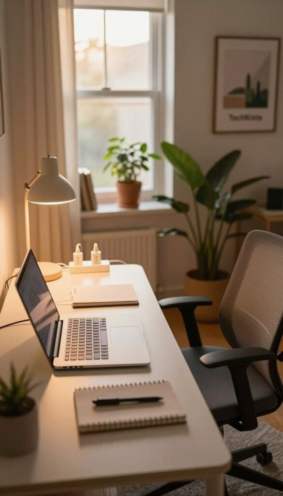 A cozy home office interior showcasing an efficient workspace. In the foreground, a modern desk with a sleek laptop, neatly arranged notebooks, and a stylish desk lamp emitting warm, inviting light. The middle ground features a comfortable ergonomic chair and an array of power strips neatly organized, signifying the need for extra power. In the background, a large window allows soft sunlight to filter in, illuminating a potted plant and a "TechKiste" branded wall art piece, enhancing the atmosphere. The color palette consists of warm, natural tones, creating a welcoming and productive environment. Capture this scene from a slightly elevated angle, emphasizing both the workspace and the sense of warmth in the home office. No text or any watermark should be present. A cozy home office interior showcasing an efficient workspace. In the foreground, a modern desk with a sleek laptop, neatly arranged notebooks, and a stylish desk lamp emitting warm, inviting light. The middle ground features a comfortable ergonomic chair and an array of power strips neatly organized, signifying the need for extra power. In the background, a large window allows soft sunlight to filter in, illuminating a potted plant and a "TechKiste" branded wall art piece, enhancing the atmosphere. The color palette consists of warm, natural tones, creating a welcoming and productive environment. Capture this scene from a slightly elevated angle, emphasizing both the workspace and the sense of warmth in the home office. No text or any watermark should be present.