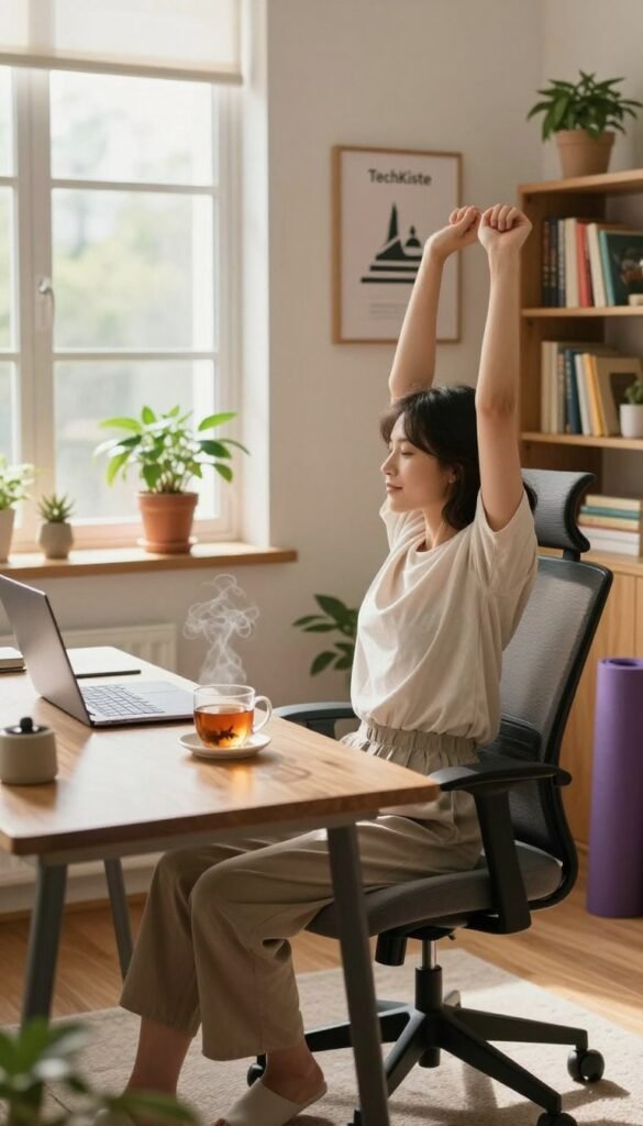 A cozy home office scene depicting a serene break time. In the foreground, a stylish desk with a laptop, a steaming cup of herbal tea, and an ergonomic chair positioned comfortably. A person in modest casual clothing stretches gently, embodying movement and relaxation. In the middle, soft natural light filters through a large window, illuminating potted plants and a motivational wall art piece featuring the brand name "TechKiste". In the background, a bookshelf filled with colorful books and a yoga mat rolled neatly on the floor. The atmosphere is warm and inviting, evoking a sense of tranquility and mindfulness, ideal for promoting effective breaks in a work-from-home setting. A cozy home office scene depicting a serene break time. In the foreground, a stylish desk with a laptop, a steaming cup of herbal tea, and an ergonomic chair positioned comfortably. A person in modest casual clothing stretches gently, embodying movement and relaxation. In the middle, soft natural light filters through a large window, illuminating potted plants and a motivational wall art piece featuring the brand name "TechKiste". In the background, a bookshelf filled with colorful books and a yoga mat rolled neatly on the floor. The atmosphere is warm and inviting, evoking a sense of tranquility and mindfulness, ideal for promoting effective breaks in a work-from-home setting.
