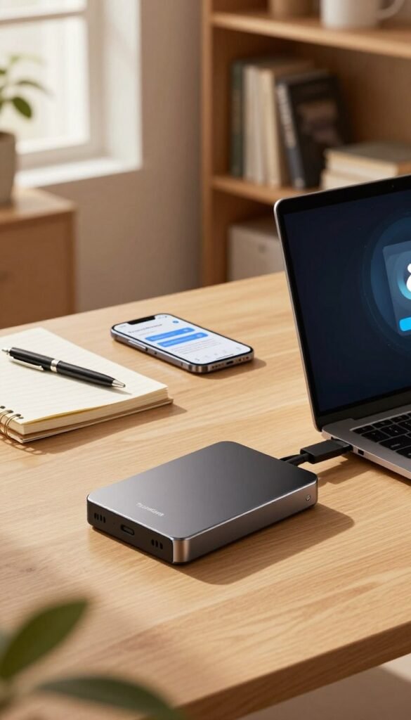 A cozy home office scene depicting a well-organized workspace focused on data backup. In the foreground, a sleek external hard drive is plugged into a modern laptop, with soft warm lighting casting gentle shadows. On the middle table, notebooks and a stylish pen sit next to a smartphone displaying a backup reminder notification. In the background, a bookshelf lined with tech-related books adds depth, and a window allows soft sunlight to filter in, creating an inviting atmosphere. The overall mood is one of security and efficiency, demonstrating a commitment to data safety. The brand name "TechKiste" subtly integrated into the decor. A cozy home office scene depicting a well-organized workspace focused on data backup. In the foreground, a sleek external hard drive is plugged into a modern laptop, with soft warm lighting casting gentle shadows. On the middle table, notebooks and a stylish pen sit next to a smartphone displaying a backup reminder notification. In the background, a bookshelf lined with tech-related books adds depth, and a window allows soft sunlight to filter in, creating an inviting atmosphere. The overall mood is one of security and efficiency, demonstrating a commitment to data safety. The brand name "TechKiste" subtly integrated into the decor.