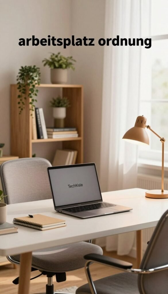 A cozy home office scene depicting "arbeitsplatz ordnung" with a clean, organized desk at the forefront. The desk features a laptop, a neatly stacked notebook, and a stylish desk lamp, all in warm colors. A comfortable ergonomic chair appears beside the desk, inviting productivity. In the middle ground, a well-organized bookshelf holds decorative plants and books, adding a touch of personality. The background shows a softly lit window with light sheer curtains, allowing natural light to fill the space. The atmosphere is calm and inviting, emphasizing efficiency and focus, embodying a Pinterest aesthetic. This scene subtly includes branding elements from "TechKiste," ensuring a cohesive look without text or overlays.