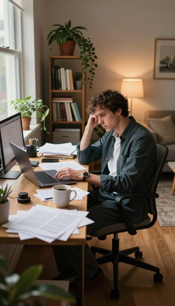 A cozy home office scene depicting the daily chaos and distractions of remote work. In the foreground, a cluttered desk with scattered papers, a laptop, and an open coffee mug, all bathed in warm, natural light from a nearby window. A comfortable chair sits slightly askew, with a professional dressed individual, looking slightly overwhelmed, trying to focus on their computer screen. In the middle ground, a bookshelf filled with books and plants adds a touch of warmth, while the background showcases a cozy living space with soft lighting and muted colors, evoking a Pinterest-worthy aesthetic. This setup embodies the concept of a productive yet chaotic home office environment. Include a subtle branding element like a "TechKiste" logo on the laptop. A cozy home office scene depicting the daily chaos and distractions of remote work. In the foreground, a cluttered desk with scattered papers, a laptop, and an open coffee mug, all bathed in warm, natural light from a nearby window. A comfortable chair sits slightly askew, with a professional dressed individual, looking slightly overwhelmed, trying to focus on their computer screen. In the middle ground, a bookshelf filled with books and plants adds a touch of warmth, while the background showcases a cozy living space with soft lighting and muted colors, evoking a Pinterest-worthy aesthetic. This setup embodies the concept of a productive yet chaotic home office environment. Include a subtle branding element like a "TechKiste" logo on the laptop.