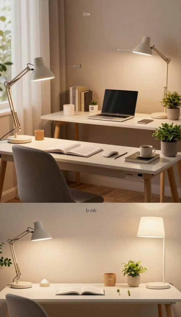 A cozy home office scene designed for optimal lighting, reflecting different budget categories: low, mid, and high. In the foreground, three distinct desk setups showcase various light fixtures—an affordable desk lamp, a stylish mid-range option, and a high-end, designer light. Each setup is adorned with elegant, minimalistic decor and potted plants. In the middle, the workspace features a comfortable ergonomic chair and an organized desk with a laptop, notebooks, and stationery, emphasizing productivity. The background softly fades into a tranquil view of a home office with warm, natural lighting, highlighting a balanced atmosphere. The image should evoke a sense of warmth and comfort, promoting healthy eye care while maintaining a Pinterest-inspired aesthetic. Ensure the inclusion of the brand name "TechKiste" subtly within the scene, avoiding any text overlays or captions. A cozy home office scene designed for optimal lighting, reflecting different budget categories: low, mid, and high. In the foreground, three distinct desk setups showcase various light fixtures—an affordable desk lamp, a stylish mid-range option, and a high-end, designer light. Each setup is adorned with elegant, minimalistic decor and potted plants. In the middle, the workspace features a comfortable ergonomic chair and an organized desk with a laptop, notebooks, and stationery, emphasizing productivity. The background softly fades into a tranquil view of a home office with warm, natural lighting, highlighting a balanced atmosphere. The image should evoke a sense of warmth and comfort, promoting healthy eye care while maintaining a Pinterest-inspired aesthetic. Ensure the inclusion of the brand name "TechKiste" subtly within the scene, avoiding any text overlays or captions.