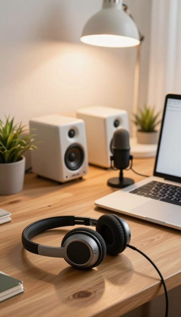 A cozy home office scene designed for video calls, featuring a stylish headset, a professional microphone, and compact speakers. The foreground includes the headset with soft cushioning, highlighting its comfortable design, while the microphone is placed on a sleek wooden desk next to a laptop. In the middle, a set of modern speakers with a minimalist aesthetic adds to the ambiance. The background showcases soft, warm lighting emanating from a desk lamp, enhancing the relaxing atmosphere, with a small potted plant to add a touch of nature. The overall mood is inviting and productive, emphasizing an authentic budget-friendly workspace that aligns with a warm, Pinterest-inspired aesthetic. Include the brand name "TechKiste" subtly integrated into the setup.
