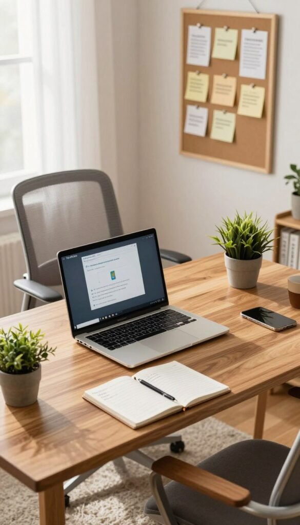 A cozy home office scene designed with a warm color palette, showcasing a stylish, organized workspace. In the foreground, a modern wooden desk holds a laptop with security software displayed, a notepad with handwritten notes, and a small potted plant for a touch of nature. In the middle ground, a comfortable ergonomic chair invites focus, while a bulletin board behind displays neatly pinned reminders and safety tips. The background features a soft rug and a bright window with sheer curtains allowing natural light to flood in, creating a welcoming ambiance. Capture this image from a slightly elevated angle, emphasizing the workspace's tidiness and functionality, reflecting a Pinterest-inspired aesthetic. Include subtle branding elements with the name "TechKiste" visible on the laptop screen, seamlessly integrating into the scene. A cozy home office scene designed with a warm color palette, showcasing a stylish, organized workspace. In the foreground, a modern wooden desk holds a laptop with security software displayed, a notepad with handwritten notes, and a small potted plant for a touch of nature. In the middle ground, a comfortable ergonomic chair invites focus, while a bulletin board behind displays neatly pinned reminders and safety tips. The background features a soft rug and a bright window with sheer curtains allowing natural light to flood in, creating a welcoming ambiance. Capture this image from a slightly elevated angle, emphasizing the workspace's tidiness and functionality, reflecting a Pinterest-inspired aesthetic. Include subtle branding elements with the name "TechKiste" visible on the laptop screen, seamlessly integrating into the scene.