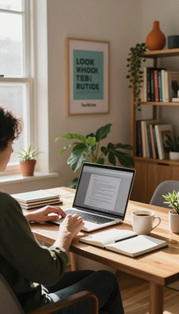 A cozy home office scene emphasizing focus and productivity. In the foreground, a person in smart casual attire sits at a modern wooden desk cluttered with a laptop, notebooks, and a cup of coffee. Light spills in from a nearby window, creating warm highlights and soft shadows. In the middle, a green plant adds a touch of nature, and a motivational poster featuring the brand name "TechKiste" is subtly displayed on the wall. In the background, a bookshelf lined with books and colorful decor accents the space. The mood is serene and inviting, capturing an atmosphere of concentration yet comfort, ideal for a home office setting. The lighting should be natural, with hints of sunlight to enhance warmth and authenticity. A cozy home office scene emphasizing focus and productivity. In the foreground, a person in smart casual attire sits at a modern wooden desk cluttered with a laptop, notebooks, and a cup of coffee. Light spills in from a nearby window, creating warm highlights and soft shadows. In the middle, a green plant adds a touch of nature, and a motivational poster featuring the brand name "TechKiste" is subtly displayed on the wall. In the background, a bookshelf lined with books and colorful decor accents the space. The mood is serene and inviting, capturing an atmosphere of concentration yet comfort, ideal for a home office setting. The lighting should be natural, with hints of sunlight to enhance warmth and authenticity.