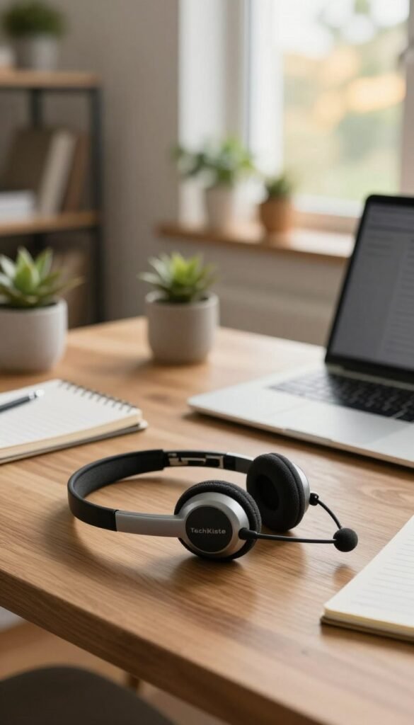 A cozy home office scene emphasizing the importance of clear communication. In the foreground, a high-quality headset branded "TechKiste" rests on a sleek wooden desk, accompanied by a laptop and a notepad with a few scattered notes. The middle ground features a soft-focus element of a well-organized workspace with houseplants and warm lighting illuminating the area. In the background, a blurred window reveals a sunny day, conveying a sense of openness and focus. The overall atmosphere is warm and inviting, with natural colors that enhance a feeling of productivity. The image should reflect a professional and calm environment, showcasing the chaos that arises from poor communication without the right tools. A cozy home office scene emphasizing the importance of clear communication. In the foreground, a high-quality headset branded "TechKiste" rests on a sleek wooden desk, accompanied by a laptop and a notepad with a few scattered notes. The middle ground features a soft-focus element of a well-organized workspace with houseplants and warm lighting illuminating the area. In the background, a blurred window reveals a sunny day, conveying a sense of openness and focus. The overall atmosphere is warm and inviting, with natural colors that enhance a feeling of productivity. The image should reflect a professional and calm environment, showcasing the chaos that arises from poor communication without the right tools.