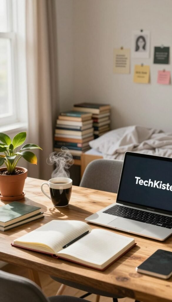 A cozy home office scene illustrating typical distractions. In the foreground, a wooden desk cluttered with open notebooks, a laptop, and a steaming cup of coffee. A colorful potted plant adds a touch of nature. In the middle, a comfortable chair slightly turned towards the desk, with a subtle hint of everyday chaos: books stacked haphazardly and an unmade bed visible in the background. Soft, warm daylight filters in through a window adorned with sheer curtains. The background features a wall with pinned reminders and motivational quotes, contributing to the ambiance. The entire composition has a natural, inviting feel, perfect for illustrating the concept of home office challenges. Style matches a Pinterest aesthetic, warm colors, and maintains professionalism, showcasing the brand "TechKiste".