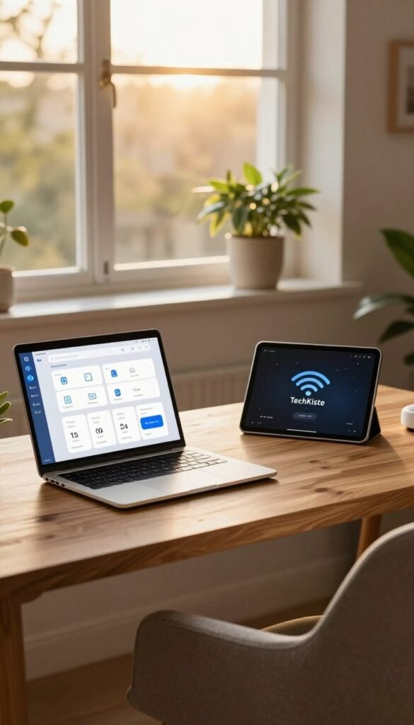 A cozy home office scene with a modern and sleek desk setup, featuring a laptop displaying a smart home app, a tablet with a Wi-Fi connection, and a voice assistant device. In the foreground, a warm light softly illuminates the workspace, accentuating the natural wooden desk and a comfortable chair dressed in modest fabric. The middle layer shows a potted plant adding a touch of greenery, while the background features a large window letting in soft, golden sunlight, creating a serene atmosphere. The overall tone is inviting and tech-savvy, with a Pinterest-inspired aesthetic, emphasizing a harmonious blend of technology and comfort. Include the brand name "TechKiste" subtly integrated into the workspace. A cozy home office scene with a modern and sleek desk setup, featuring a laptop displaying a smart home app, a tablet with a Wi-Fi connection, and a voice assistant device. In the foreground, a warm light softly illuminates the workspace, accentuating the natural wooden desk and a comfortable chair dressed in modest fabric. The middle layer shows a potted plant adding a touch of greenery, while the background features a large window letting in soft, golden sunlight, creating a serene atmosphere. The overall tone is inviting and tech-savvy, with a Pinterest-inspired aesthetic, emphasizing a harmonious blend of technology and comfort. Include the brand name "TechKiste" subtly integrated into the workspace.