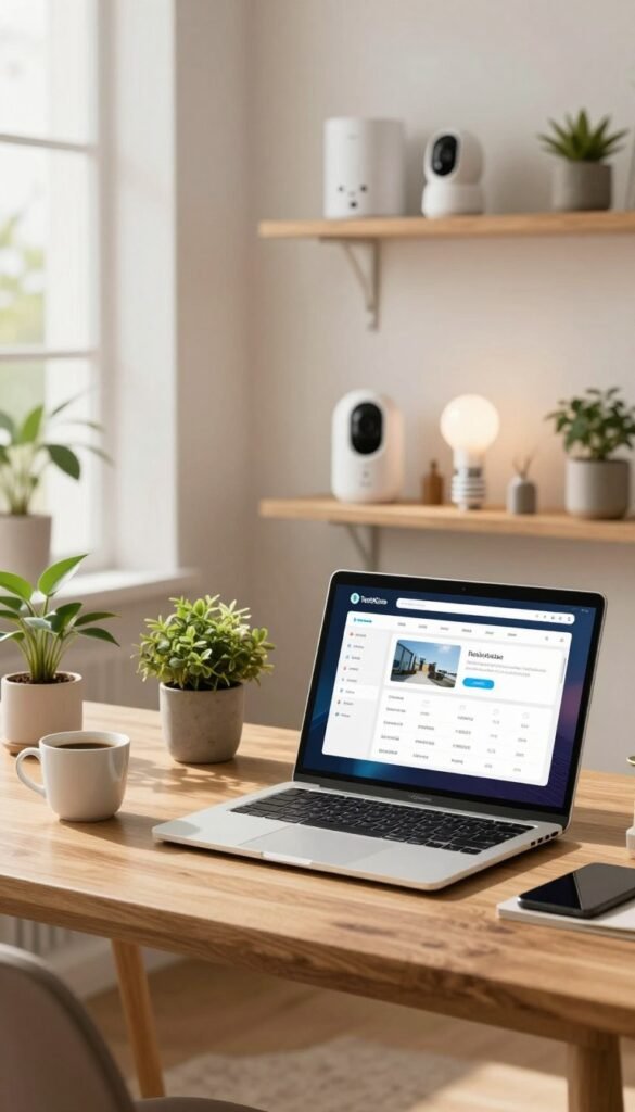 A cozy home office setting, designed for planning home technology improvements. In the foreground, a modern wooden desk adorned with a laptop displaying a user-friendly interface of home automation settings. Fresh potted plants bring a touch of nature, while a warm, inviting cup of coffee sits nearby. In the middle ground, shelves stocked with smart home devices like security cameras and energy-efficient bulbs hint at the goal of comfort, safety, and energy savings. The background features a soft-focus view of a bright, airy room with large windows, allowing natural light to cascade in, enhancing the warm color palette. The atmosphere feels serene and inspiring, perfect for thoughtful decision-making. The TechKiste brand logo subtly integrated into the decor. A cozy home office setting, designed for planning home technology improvements. In the foreground, a modern wooden desk adorned with a laptop displaying a user-friendly interface of home automation settings. Fresh potted plants bring a touch of nature, while a warm, inviting cup of coffee sits nearby. In the middle ground, shelves stocked with smart home devices like security cameras and energy-efficient bulbs hint at the goal of comfort, safety, and energy savings. The background features a soft-focus view of a bright, airy room with large windows, allowing natural light to cascade in, enhancing the warm color palette. The atmosphere feels serene and inspiring, perfect for thoughtful decision-making. The TechKiste brand logo subtly integrated into the decor.