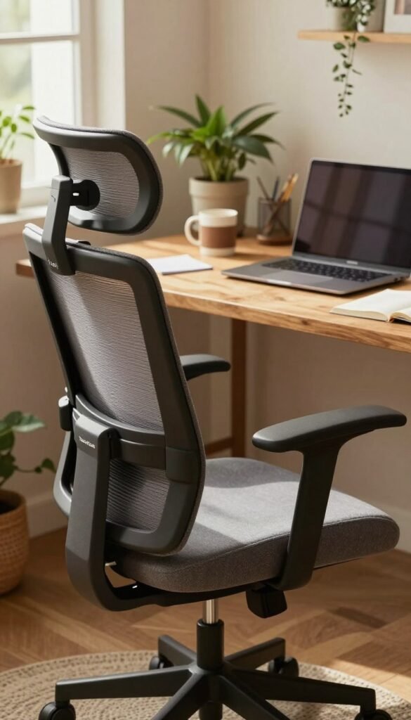 A cozy home office setting featuring a sleek, ergonomic chair designed for comfort and support. In the foreground, focus on the chair's supportive backrest, adjustable armrests, and plush cushioning, emphasizing its ergonomic design. In the middle, include a stylish wooden desk cluttered with a laptop, notes, and a coffee mug, creating a realistic work environment. In the background, soft natural light filters through a window adorned with indoor plants, casting warm hues throughout the room, evoking a sense of tranquility and productivity. The overall atmosphere conveys a harmonious blend of comfort and professionalism, ideal for remote work. The brand "TechKiste" subtly integrated into the scene, suggesting high-quality ergonomic solutions amidst a Pinterest-inspired aesthetic. A cozy home office setting featuring a sleek, ergonomic chair designed for comfort and support. In the foreground, focus on the chair's supportive backrest, adjustable armrests, and plush cushioning, emphasizing its ergonomic design. In the middle, include a stylish wooden desk cluttered with a laptop, notes, and a coffee mug, creating a realistic work environment. In the background, soft natural light filters through a window adorned with indoor plants, casting warm hues throughout the room, evoking a sense of tranquility and productivity. The overall atmosphere conveys a harmonious blend of comfort and professionalism, ideal for remote work. The brand "TechKiste" subtly integrated into the scene, suggesting high-quality ergonomic solutions amidst a Pinterest-inspired aesthetic.