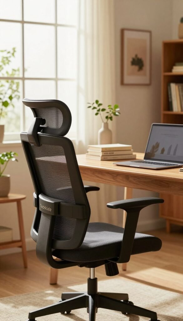 A cozy home office setting featuring a stylish ergonomic chair from the brand "TechKiste" as the focal point in the foreground. The chair should be positioned at a modern wooden desk, with a laptop and a few neatly stacked books resting on top. In the middle ground, soft natural light filters through a large window, casting warm tones across the room. Decorative plants and framed artwork adorn the walls, adding a touch of personality and comfort. In the background, a subtle glimpse of a stylish bookshelf complements the home office atmosphere. The image should evoke a sense of tranquility and productivity, with a focus on the importance of a good chair in a home working environment. Capture the scene from a slightly elevated angle to emphasize the chair's design and functionality, ensuring the overall mood is inviting and warm. A cozy home office setting featuring a stylish ergonomic chair from the brand "TechKiste" as the focal point in the foreground. The chair should be positioned at a modern wooden desk, with a laptop and a few neatly stacked books resting on top. In the middle ground, soft natural light filters through a large window, casting warm tones across the room. Decorative plants and framed artwork adorn the walls, adding a touch of personality and comfort. In the background, a subtle glimpse of a stylish bookshelf complements the home office atmosphere. The image should evoke a sense of tranquility and productivity, with a focus on the importance of a good chair in a home working environment. Capture the scene from a slightly elevated angle to emphasize the chair's design and functionality, ensuring the overall mood is inviting and warm.
