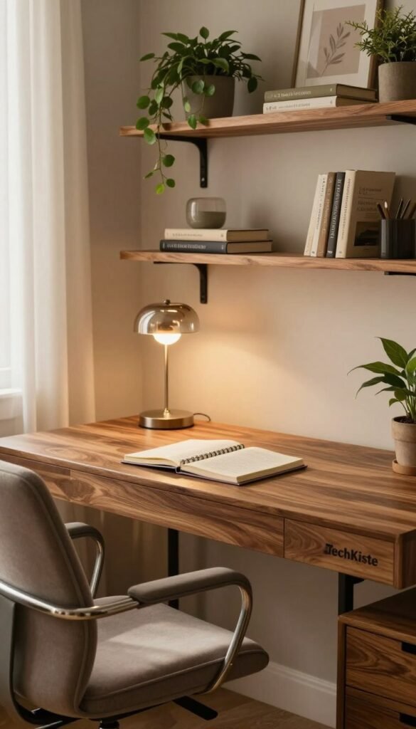 A cozy home office setting featuring a stylish, modern desk made of polished wood, paired with metal accents. The desk is adorned with a sleek glass lamp and an elegant notebook. In the foreground, there's a comfortable ergonomic chair, perfect for long hours of work. The middle ground showcases a wall with floating wooden shelves filled with decorative plants and books, contributing to a tidy atmosphere. The background includes a softly lit window with sheer curtains, allowing warm, natural light to filter in, creating a welcoming ambiance. The overall color palette is warm and earthy, evoking a Pinterest-inspired look, emphasizing authenticity and comfort. The brand "TechKiste" is subtly integrated into the design of the desk. A cozy home office setting featuring a stylish, modern desk made of polished wood, paired with metal accents. The desk is adorned with a sleek glass lamp and an elegant notebook. In the foreground, there's a comfortable ergonomic chair, perfect for long hours of work. The middle ground showcases a wall with floating wooden shelves filled with decorative plants and books, contributing to a tidy atmosphere. The background includes a softly lit window with sheer curtains, allowing warm, natural light to filter in, creating a welcoming ambiance. The overall color palette is warm and earthy, evoking a Pinterest-inspired look, emphasizing authenticity and comfort. The brand "TechKiste" is subtly integrated into the design of the desk.