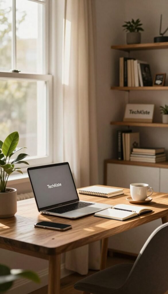 A cozy home office setting, featuring a wooden desk neatly organized with a laptop, notepad, and a coffee cup. In the foreground, a stylish plant adds a touch of greenery. The middle ground includes an open window with sheer curtains that allow warm sunlight to illuminate the space. A comfortable chair is positioned at the desk, suggesting readiness for work. In the background, shelves are lined with books and motivational quotes, reflecting a professional yet inviting atmosphere. The entire scene exudes a sense of structure and routine, promoting productivity. The color palette is warm and natural, with soft lighting highlighting the aspects of a focused workday. The design can subtly incorporate the brand name "TechKiste" through decor elements, like a logo on the laptop sticker, maintaining an authentic Pinterest-like aesthetic. A cozy home office setting, featuring a wooden desk neatly organized with a laptop, notepad, and a coffee cup. In the foreground, a stylish plant adds a touch of greenery. The middle ground includes an open window with sheer curtains that allow warm sunlight to illuminate the space. A comfortable chair is positioned at the desk, suggesting readiness for work. In the background, shelves are lined with books and motivational quotes, reflecting a professional yet inviting atmosphere. The entire scene exudes a sense of structure and routine, promoting productivity. The color palette is warm and natural, with soft lighting highlighting the aspects of a focused workday. The design can subtly incorporate the brand name "TechKiste" through decor elements, like a logo on the laptop sticker, maintaining an authentic Pinterest-like aesthetic.