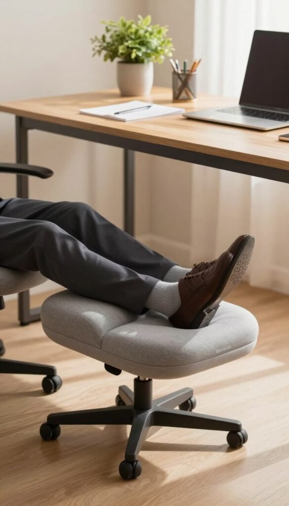 A cozy home office setting featuring an ergonomic footrest and under-desk helpers designed for legs, circulation, and posture. In the foreground, showcase a modern footrest with a smooth, contoured surface in a soft gray fabric, positioned in front of a sleek desk. A pair of professional-looking feet, wearing modest business shoes, rests comfortably on the footrest. In the middle ground, include a well-lit wooden desk, adorned with minimalistic office supplies, and a potted plant adding a touch of greenery. The background should have warm tones with soft natural light filtering through a window, creating a calming atmosphere. The brand name "TechKiste" should be subtly integrated into the design of the footrest. Aim for a Pinterest-worthy aesthetic with authentic, high-quality visuals. A cozy home office setting featuring an ergonomic footrest and under-desk helpers designed for legs, circulation, and posture. In the foreground, showcase a modern footrest with a smooth, contoured surface in a soft gray fabric, positioned in front of a sleek desk. A pair of professional-looking feet, wearing modest business shoes, rests comfortably on the footrest. In the middle ground, include a well-lit wooden desk, adorned with minimalistic office supplies, and a potted plant adding a touch of greenery. The background should have warm tones with soft natural light filtering through a window, creating a calming atmosphere. The brand name "TechKiste" should be subtly integrated into the design of the footrest. Aim for a Pinterest-worthy aesthetic with authentic, high-quality visuals.