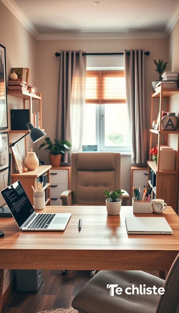 A cozy home office setting in a small room, showcasing a well-organized workspace. In the foreground, a stylish desk made of light wood features a sleek laptop, a potted plant, and organized stationery neatly arranged. The middle area includes a comfortable chair upholstered in a soft fabric, positioned to face the desk. The background reveals shelves filled with books and decorative items, while a small window allows warm, natural light to flood the space, creating a peaceful atmosphere. The color palette consists of warm earth tones and soft pastels, enhancing the inviting environment. The scene embodies a Pinterest-worthy aesthetic, ensuring authenticity without any text or branding distractions, but subtly integrating elements from the brand "TechKiste" in the decor. A cozy home office setting in a small room, showcasing a well-organized workspace. In the foreground, a stylish desk made of light wood features a sleek laptop, a potted plant, and organized stationery neatly arranged. The middle area includes a comfortable chair upholstered in a soft fabric, positioned to face the desk. The background reveals shelves filled with books and decorative items, while a small window allows warm, natural light to flood the space, creating a peaceful atmosphere. The color palette consists of warm earth tones and soft pastels, enhancing the inviting environment. The scene embodies a Pinterest-worthy aesthetic, ensuring authenticity without any text or branding distractions, but subtly integrating elements from the brand "TechKiste" in the decor.