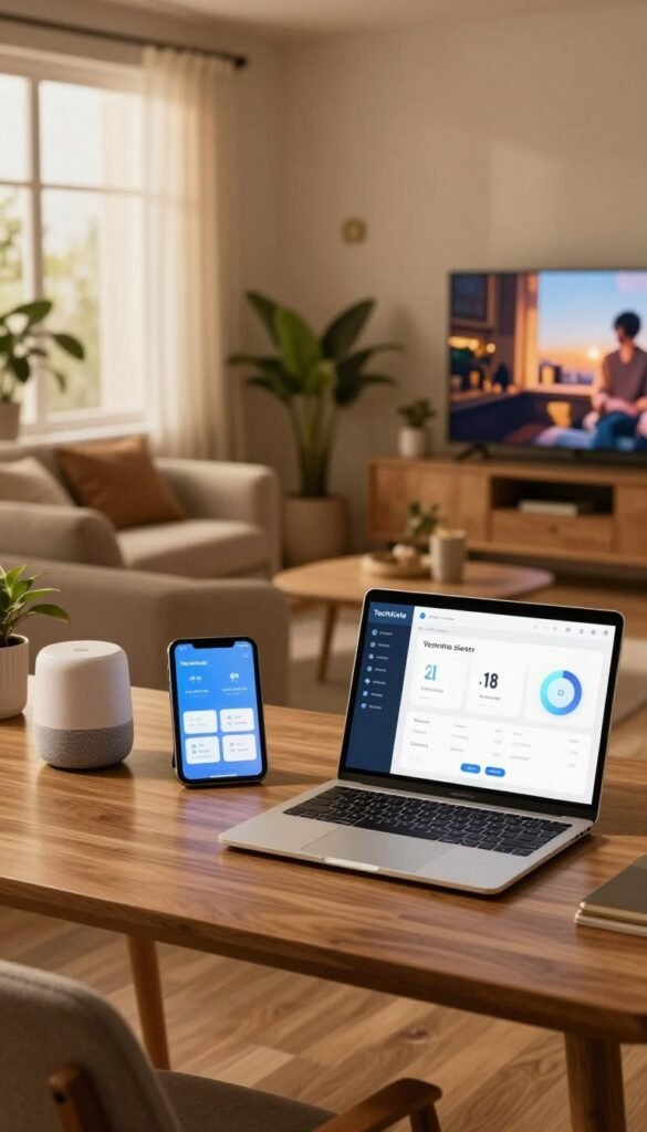 A cozy home office setting portraying practical smart home setups that utilize remote access effectively. In the foreground, a sleek wooden desk with a laptop open, displaying a smart home dashboard. To the left, a modern-looking smart speaker and a tablet showing home automation controls. The middle section features a comfortable chair, houseplants, and a window letting in soft, warm light, enhancing the inviting atmosphere. In the background, a softly lit living room area with a smart TV showcasing a cozy scene, creating a harmonious blend of technology and home living. The overall mood is warm and inviting, reminiscent of a Pinterest aesthetic, with a touch of modern sophistication. Include subtle brand branding for "TechKiste". A cozy home office setting portraying practical smart home setups that utilize remote access effectively. In the foreground, a sleek wooden desk with a laptop open, displaying a smart home dashboard. To the left, a modern-looking smart speaker and a tablet showing home automation controls. The middle section features a comfortable chair, houseplants, and a window letting in soft, warm light, enhancing the inviting atmosphere. In the background, a softly lit living room area with a smart TV showcasing a cozy scene, creating a harmonious blend of technology and home living. The overall mood is warm and inviting, reminiscent of a Pinterest aesthetic, with a touch of modern sophistication. Include subtle brand branding for "TechKiste".