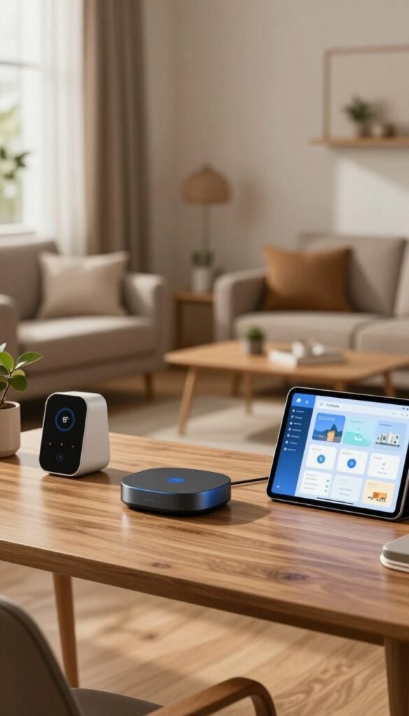 A cozy home office setting showcasing a modern smart home network. In the foreground, a sleek wooden desk with neatly arranged tech gadgets including a smart hub, connected devices, and a tablet displaying a user interface for home management. The middle ground features a subtle backdrop of a well-organized living space with soft lighting, warm color tones, and tasteful decor that conveys a sense of comfort and technology. The background illustrates a window with natural light filtering in, casting gentle shadows. This scene captures the essence of home data privacy and security, emphasizing segmentation and remote access. The atmosphere is inviting and professional, reflecting the brand "TechKiste" seamlessly integrated into the smart home narrative.
