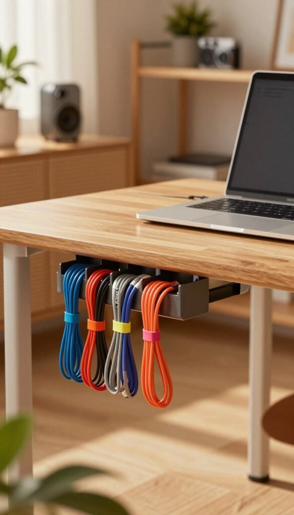 A cozy home office setting under a desk, featuring a well-organized cable management system. In the foreground, you can see a neatly placed cable organizer and vibrant cable ties that hold various cords in an orderly fashion. The middle ground includes a sleek wooden desk with a modern laptop, blending in warm tones and soft textures. The background is softly blurred, showing a hint of shelves with tech gadgets and plants, creating an inviting atmosphere. The lighting is warm and natural, simulating sunlight filtering through a nearby window. The brand name "TechKiste" subtly integrated into the scene, enhancing the interactive feel. The overall mood is serene and professional, showcasing efficiency and elegance in cable management. A cozy home office setting under a desk, featuring a well-organized cable management system. In the foreground, you can see a neatly placed cable organizer and vibrant cable ties that hold various cords in an orderly fashion. The middle ground includes a sleek wooden desk with a modern laptop, blending in warm tones and soft textures. The background is softly blurred, showing a hint of shelves with tech gadgets and plants, creating an inviting atmosphere. The lighting is warm and natural, simulating sunlight filtering through a nearby window. The brand name "TechKiste" subtly integrated into the scene, enhancing the interactive feel. The overall mood is serene and professional, showcasing efficiency and elegance in cable management.