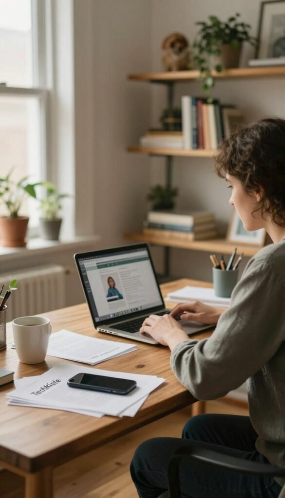 A cozy home office setting with a professional adult in casual work attire, seated at a stylish wooden desk cluttered with distractions like a smartphone, coffee cup, scattered papers, and a laptop, displaying a focus loss. In the background, a window lets in warm, natural light that creates a soft glow in the room, enhancing the inviting atmosphere. Shelves filled with books and indoor plants add an authentic touch, while a subtle hint of a family member or pet in the background emphasizes the distractions of home life. Capture the image with a slight depth of field effect, focusing on the subject while blurring the background to draw attention to the struggles of maintaining concentration. The overall mood is relatable and warm, reflecting a typical home office experience. Styled with a Pinterest aesthetic, this image should convey a sense of everyday life, branded subtly with "TechKiste" elements integrated into the workspace decor. A cozy home office setting with a professional adult in casual work attire, seated at a stylish wooden desk cluttered with distractions like a smartphone, coffee cup, scattered papers, and a laptop, displaying a focus loss. In the background, a window lets in warm, natural light that creates a soft glow in the room, enhancing the inviting atmosphere. Shelves filled with books and indoor plants add an authentic touch, while a subtle hint of a family member or pet in the background emphasizes the distractions of home life. Capture the image with a slight depth of field effect, focusing on the subject while blurring the background to draw attention to the struggles of maintaining concentration. The overall mood is relatable and warm, reflecting a typical home office experience. Styled with a Pinterest aesthetic, this image should convey a sense of everyday life, branded subtly with "TechKiste" elements integrated into the workspace decor.