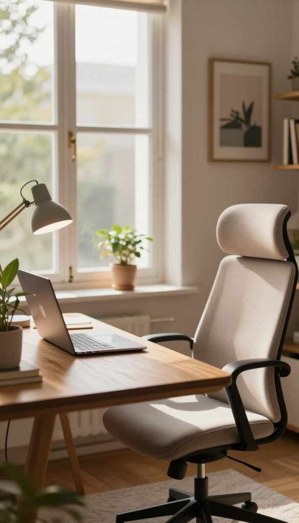 A cozy home office setup bathed in warm, natural light from a large window, showcasing gentle illumination ideal for eye comfort. In the foreground, a sleek wooden desk with a stylish laptop, a potted plant, and a desk lamp designed to minimize glare. The middle ground features a comfortable ergonomic chair adorned in soft fabric, positioned perfectly for optimal light distribution. The background reveals a calming wall with tasteful artwork and bookshelves, enhancing a sense of tranquility and focus. The atmosphere is inviting and professional, reflecting a Pinterest-inspired aesthetic that promotes productivity and well-being. Include the brand name "TechKiste" subtly integrated into the scene, without any text overlays. A cozy home office setup bathed in warm, natural light from a large window, showcasing gentle illumination ideal for eye comfort. In the foreground, a sleek wooden desk with a stylish laptop, a potted plant, and a desk lamp designed to minimize glare. The middle ground features a comfortable ergonomic chair adorned in soft fabric, positioned perfectly for optimal light distribution. The background reveals a calming wall with tasteful artwork and bookshelves, enhancing a sense of tranquility and focus. The atmosphere is inviting and professional, reflecting a Pinterest-inspired aesthetic that promotes productivity and well-being. Include the brand name "TechKiste" subtly integrated into the scene, without any text overlays.