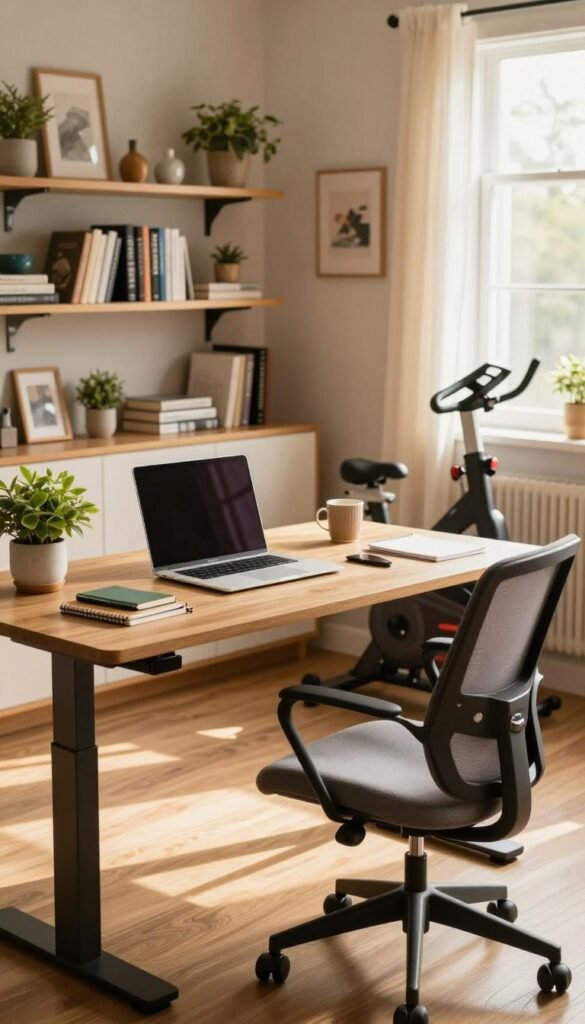 A cozy home office setup designed for ergonomic efficiency, featuring a sleek, adjustable standing desk and a comfortable, modern office chair. Foreground: a well-organized desk with a laptop, notebooks, and a potted plant, all capturing a warm and inviting atmosphere. Middle ground: a stylish bookshelf filled with inspiring books and decorative items, alongside a small indoor exercise bike to promote movement. Background: a window with natural light streaming in, illuminating the space with soft, warm colors, creating a Pinterest-inspired aesthetic. The overall mood is productive and cheerful, reflecting a harmonious blend of work and wellness. The brand name "TechKiste" subtly integrated into the design elements, enhancing the contemporary appeal.