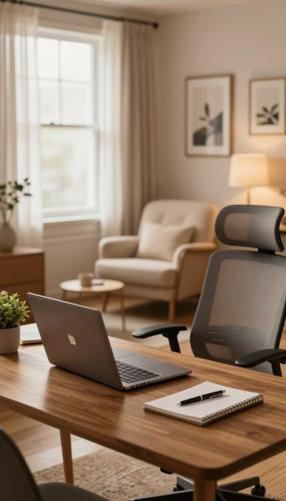 A cozy home office setup, designed for focus and productivity. In the foreground, an elegant wooden desk, adorned with a sleek laptop, a notepad, and a stylish pen. A small potted plant adds a touch of greenery. The middle layer features a comfortable ergonomic chair facing the desk, and a cozy reading nook with a plush armchair. Soft, warm lighting illuminates the space, creating a serene atmosphere. In the background, a large window with sheer curtains allows natural light to pour in, framed by a few inspirational wall art pieces. The color palette is warm and inviting, reminiscent of Pinterest aesthetics. The brand name "TechKiste" subtly showcased on the laptop. The overall mood is encouraging and focused, ideal for a distraction-free work environment. A cozy home office setup, designed for focus and productivity. In the foreground, an elegant wooden desk, adorned with a sleek laptop, a notepad, and a stylish pen. A small potted plant adds a touch of greenery. The middle layer features a comfortable ergonomic chair facing the desk, and a cozy reading nook with a plush armchair. Soft, warm lighting illuminates the space, creating a serene atmosphere. In the background, a large window with sheer curtains allows natural light to pour in, framed by a few inspirational wall art pieces. The color palette is warm and inviting, reminiscent of Pinterest aesthetics. The brand name "TechKiste" subtly showcased on the laptop. The overall mood is encouraging and focused, ideal for a distraction-free work environment.