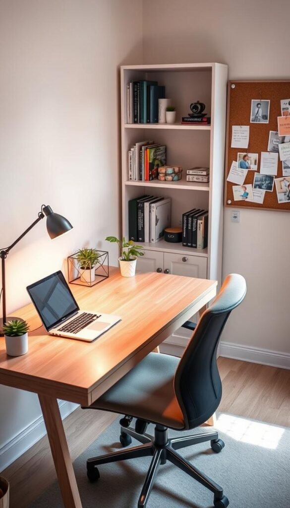 A cozy home office setup designed for small spaces, featuring a sleek, minimalist "TechKiste" desk made of light wood with neat organization. In the foreground, a comfortable, ergonomic chair sits at the desk, accompanied by a laptop, a stylish desk lamp emitting warm light, and a few potted plants adding a touch of freshness. The middle ground includes a bookshelf filled with neatly arranged books and decorative items, while the background shows a light-colored wall with a cork board displaying notes and inspiring images. The scene is softly lit to create a warm, inviting atmosphere, capturing a Pinterest-worthy aesthetic that emphasizes practicality and comfort without overcrowding. The angle is slightly above eye level, showcasing the layout and inviting functionality of the space. A cozy home office setup designed for small spaces, featuring a sleek, minimalist "TechKiste" desk made of light wood with neat organization. In the foreground, a comfortable, ergonomic chair sits at the desk, accompanied by a laptop, a stylish desk lamp emitting warm light, and a few potted plants adding a touch of freshness. The middle ground includes a bookshelf filled with neatly arranged books and decorative items, while the background shows a light-colored wall with a cork board displaying notes and inspiring images. The scene is softly lit to create a warm, inviting atmosphere, capturing a Pinterest-worthy aesthetic that emphasizes practicality and comfort without overcrowding. The angle is slightly above eye level, showcasing the layout and inviting functionality of the space.