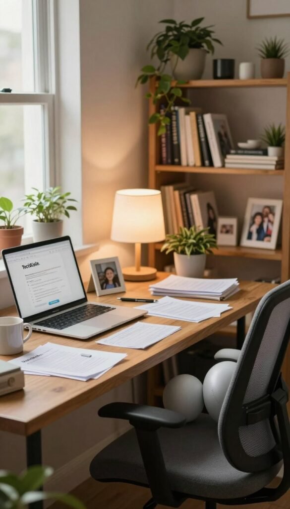 A cozy home office setup featuring a cluttered yet inviting workspace, showcasing a wooden desk with a laptop, scattered paperwork, and a few personal items like a mug and a family photo. In the foreground, there are ergonomic essentials, such as a supportive chair and a small exercise ball, emphasizing the theme of comfort to combat back pain. The middle layer includes a soft, warm lamp casting a gentle glow, alongside houseplants that add a touch of greenery. In the background, a soft-focus bookshelf filled with books and decor hints at a space in disarray, symbolizing chaos and lack of organization. The overall ambiance is warm and welcoming, with natural light filtering through a window, creating a Pinterest-inspired aesthetic that embodies affordability and practicality, showcasing the brand "TechKiste."