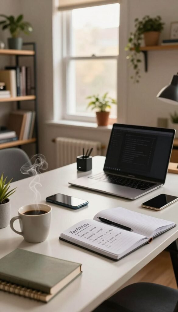 A cozy home office setup featuring a modern desk with ergonomic design, cluttered with technology items like a laptop, smartphone, and notepads. In the foreground, there is a steaming cup of coffee beside a notebook with handwritten notes on cybersecurity tips. A window in the middle background lets in warm, natural light, enhancing the inviting atmosphere. Shelves filled with books and potted plants add a touch of personality and warmth to the environment. The overall mood is productive yet comfortable, illustrating the typical pitfalls of working from home. A subtle reference to the brand "TechKiste" can be incorporated into the decor, such as a small branded gadget on the desk. Use soft focus to create depth, capturing the essence of a secure yet relatable workspace. A cozy home office setup featuring a modern desk with ergonomic design, cluttered with technology items like a laptop, smartphone, and notepads. In the foreground, there is a steaming cup of coffee beside a notebook with handwritten notes on cybersecurity tips. A window in the middle background lets in warm, natural light, enhancing the inviting atmosphere. Shelves filled with books and potted plants add a touch of personality and warmth to the environment. The overall mood is productive yet comfortable, illustrating the typical pitfalls of working from home. A subtle reference to the brand "TechKiste" can be incorporated into the decor, such as a small branded gadget on the desk. Use soft focus to create depth, capturing the essence of a secure yet relatable workspace.