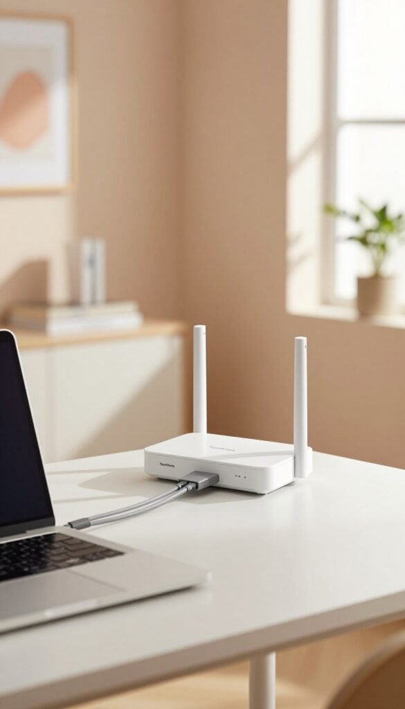 A cozy home office setup featuring a modern, integrated modem and router unit from the brand "TechKiste". In the foreground, a sleek desk with a laptop and neatly organized cables connecting to the modem, showcasing a clean and minimalist design. The middle ground highlights the TechKiste modem, compact and stylish, blending seamlessly with the decor. In the background, soft natural light filters through a window, casting warm tones across the space, evoking a serene and productive atmosphere. The walls are painted in soft pastel colors, adorned with motivational artwork. The overall mood is inviting and professional, conducive to a focused work environment, without any distractions or clutter. The image should be free from any text or additional elements.
