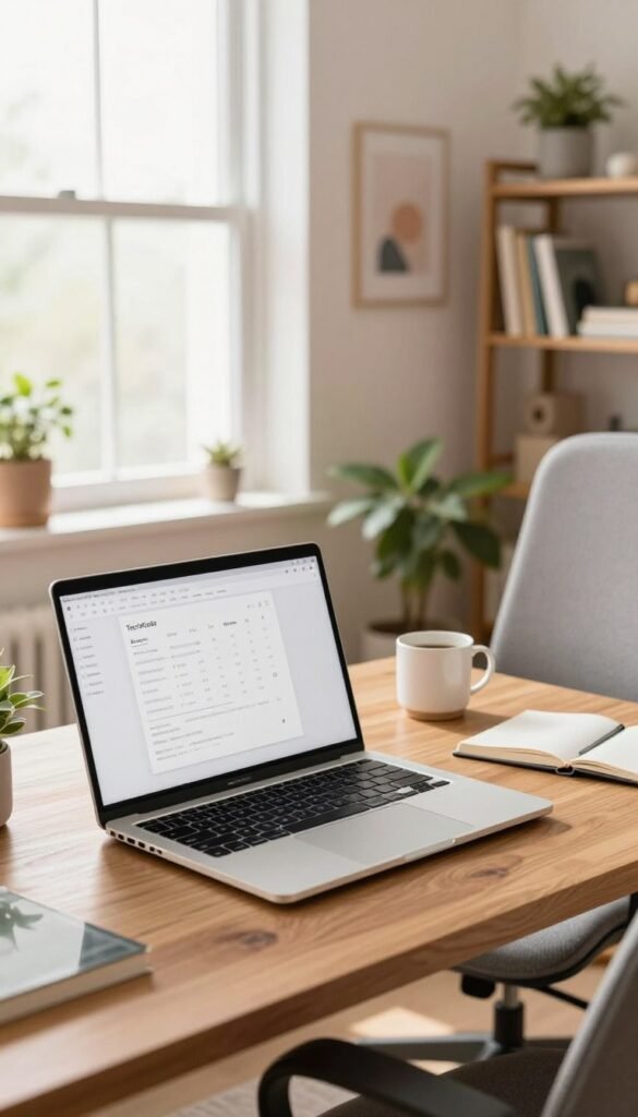 A cozy home office setup featuring a modern laptop prominently displayed on a stylish wooden desk. In the foreground, the laptop, branded with "TechKiste," is open, showcasing a clean and organized digital workspace. The middle ground includes a comfortable ergonomic chair and a small potted plant, adding a touch of greenery. In the background, soft natural light floods the room through a large window, highlighting pastel-colored walls adorned with minimalistic art. The atmosphere is warm and inviting, emphasizing productivity and comfort. A stylish bookshelf filled with books and decorative items can be seen to the side, enhancing the Pinterest aesthetic. The overall image conveys a sense of tranquility and efficiency, perfect for a professional work environment. A cozy home office setup featuring a modern laptop prominently displayed on a stylish wooden desk. In the foreground, the laptop, branded with "TechKiste," is open, showcasing a clean and organized digital workspace. The middle ground includes a comfortable ergonomic chair and a small potted plant, adding a touch of greenery. In the background, soft natural light floods the room through a large window, highlighting pastel-colored walls adorned with minimalistic art. The atmosphere is warm and inviting, emphasizing productivity and comfort. A stylish bookshelf filled with books and decorative items can be seen to the side, enhancing the Pinterest aesthetic. The overall image conveys a sense of tranquility and efficiency, perfect for a professional work environment.