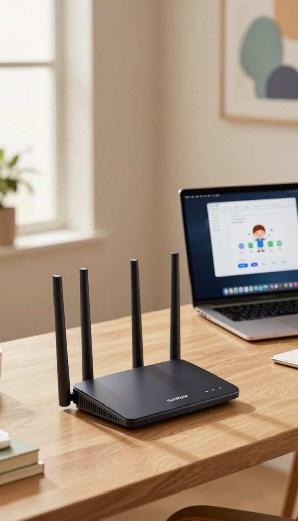 A cozy home office setup featuring a modern router labeled "TechKiste" prominently displayed in the foreground. The router should have visual indicators for advanced security features like WPA3 and VPN functionalities. In the middle ground, a stylish desk with a laptop showing admin tools interface, along with child safety software icons subtly on the screen. Include a warm, inviting color palette with soft natural lighting filtering through a nearby window, creating a tranquil atmosphere. The background can feature abstract tech-themed art on the walls, emphasizing the secure and innovative nature of a home office. Ensure a balanced composition, with focus on professionalism and comfort without any text or overlays.